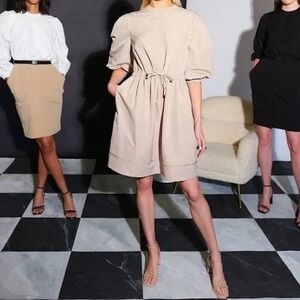 LDT Anna Dress Womens Size 12 Tan Drawstring Puff Sleeve‎ Pockets L1